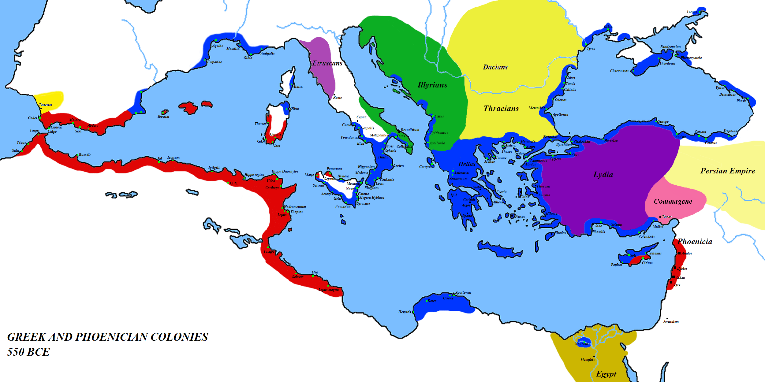 Greek and Phoenician colonies in the Mediterranean, 550 BCE