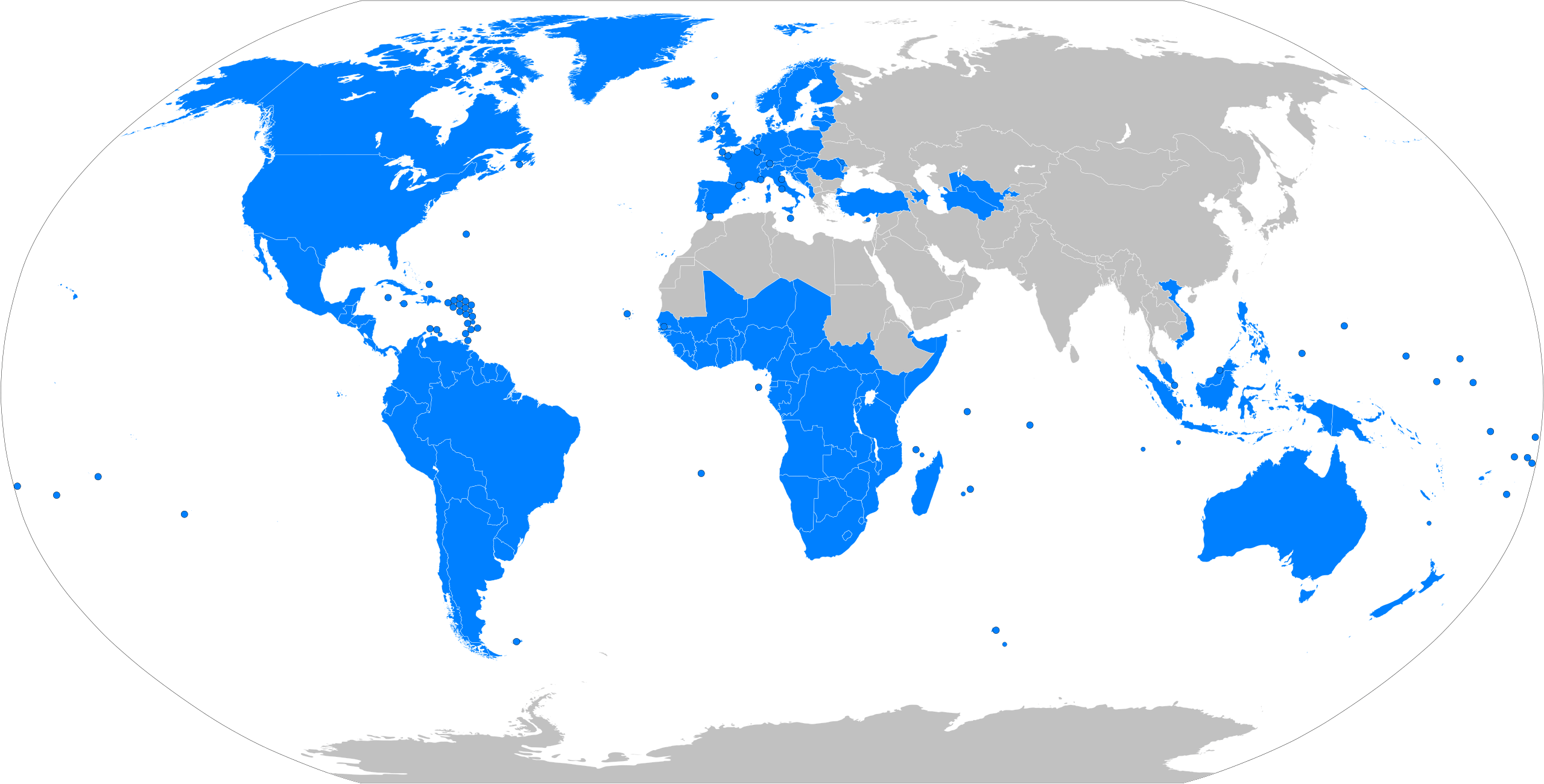 World map with the following countries and regions highlighted: North and South America, Europe (except Eastern Europe and Greece), Turkey, Azerbaijan, Uzbekistan, Turkmenistan, Sub-Saharan Africa, Oceania, Vietnam, the Philippines, Malaysia, Singapore, Indonesia, as well as many islands across the world