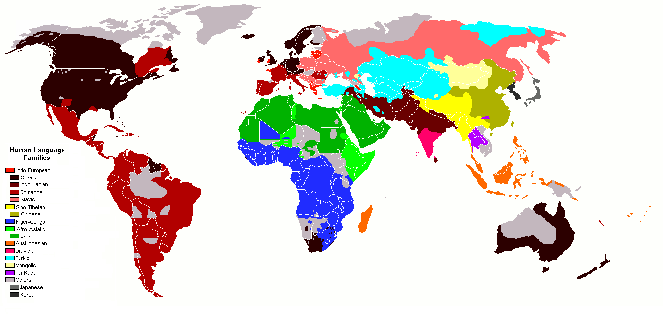Map of the world showing (spoken) language families. Indo-European languages dominate in the Americas, Europe, Russia, Iran, Pakistan, Afghanistan, Northern India, Australia, New Zealand, and South Africa. China and some nearby regions are dominated by the Sino-Tibetan family. The Niger-Congo family covers Sub-Saharan Africa. The Afro-Asiatic family covers Northern Africa and the Arabian Peninsula. Turkic languages are spoken in Anatolia, Central Asia, and parts of Siberia. Austronesian languages are spoken in the Philippines, Malaysia, Indonesia, and Madagascar. Several families are isolated: Dravidian in Southern India, Tai-Kadai in Thailand and Laos, Mongolic in Mongolia, Japonic in Japan, and Koreanic in Korea. Many smaller families are omitted.