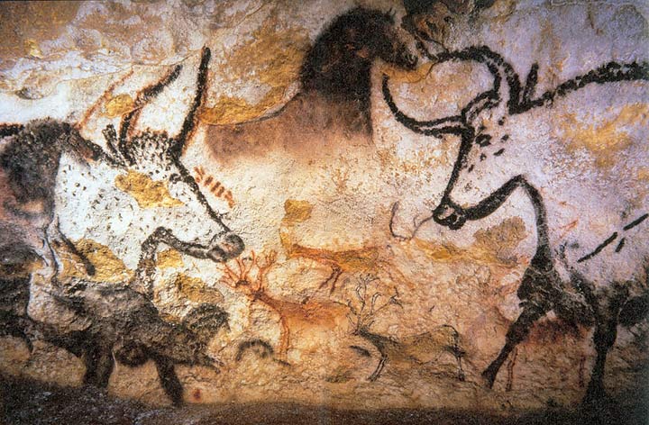 Cave painting of bulls and deer