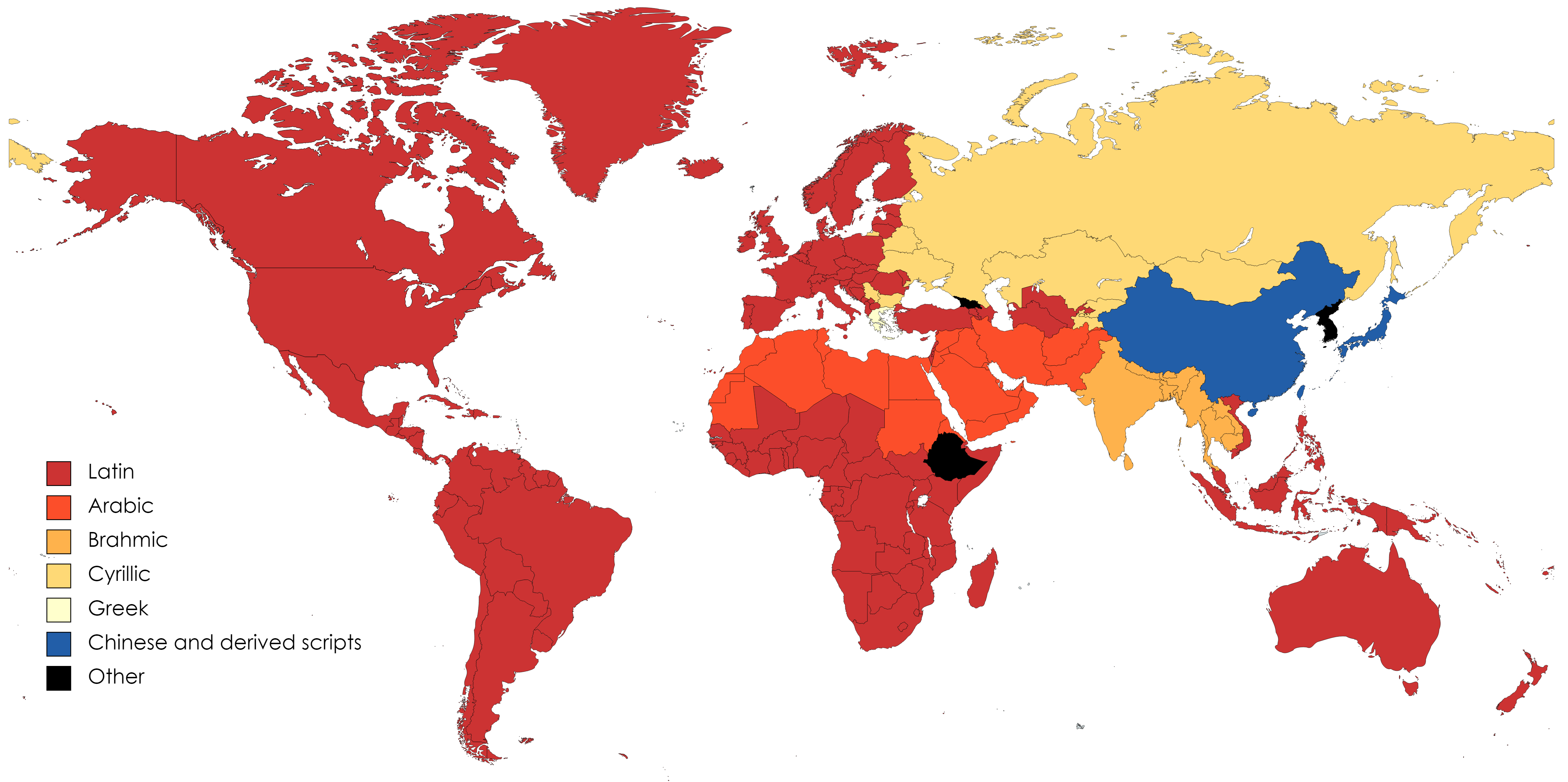 Map of the world showing countries by alphabet. Latin: North and South America, Europe except Eastern Europe and Greece, Turkey, Azerbaijan, Turkmenistan, Uzbekistan, Sub-Saharan Africa, Oceania, Indonesia, Malaysia, Singapore, Vietnam, and the Philippines. Arabic: Northern Africa and the Middle East. Brahmic: India and Southeast Asia except Vietnam, Philippines, Malaysia, Singapore, and Indonesia. Cyrillic: Eastern Europe, Russia, and Central Asia. Chinese-derived scripts: China, Taiwan, and Japan. Other: Georgia, Ethiopia, and Korea.