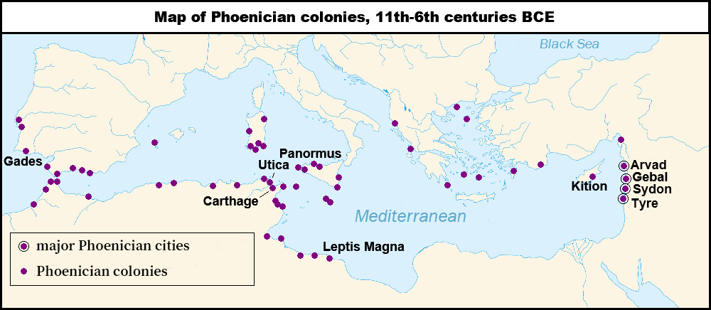 Map of Phoenician colonies, 11th-6th centuries BCE, showing settlements throughout the coastal Mediterranean