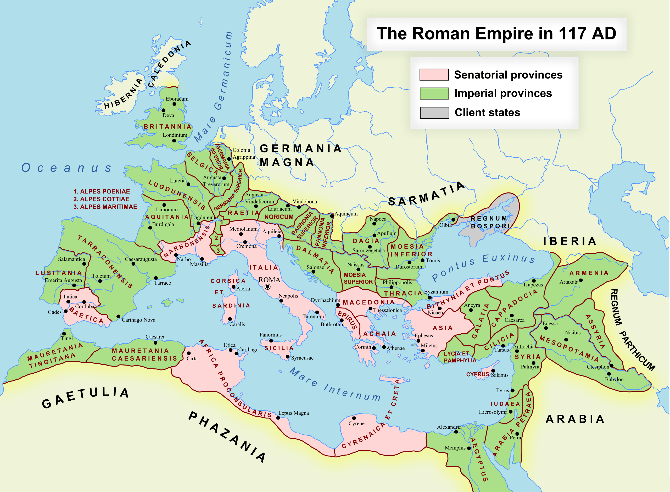 Map of the Roman Empire in 117 CE, showing senatorial provinces, imperial provinces, and client states
