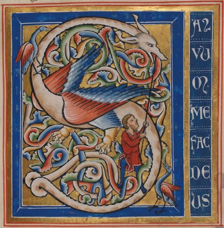 Illustration from an illuminated manuscript showing a winged serpent-like creature forming the letter S, bordered in gold leaf