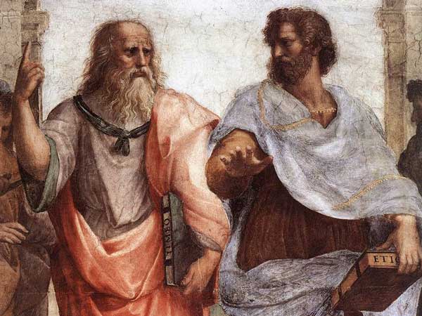 Close up of The School of Athens, a painting by Raphael, showing Plato pointing upwards and Aristotle with his hand extended and his palm facing the ground.