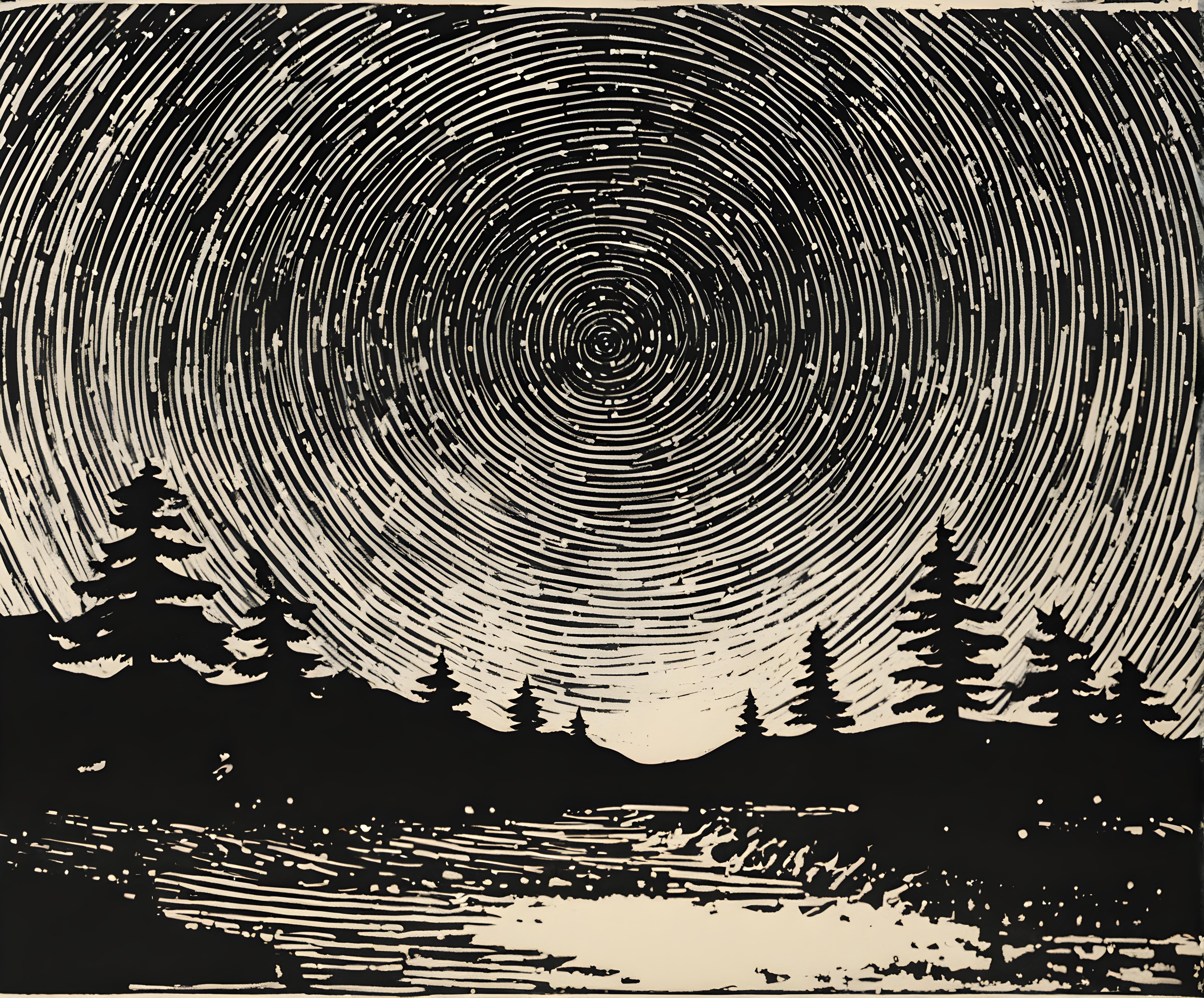 Artistic depiction of circular star trails over a horizon of hills and pine trees